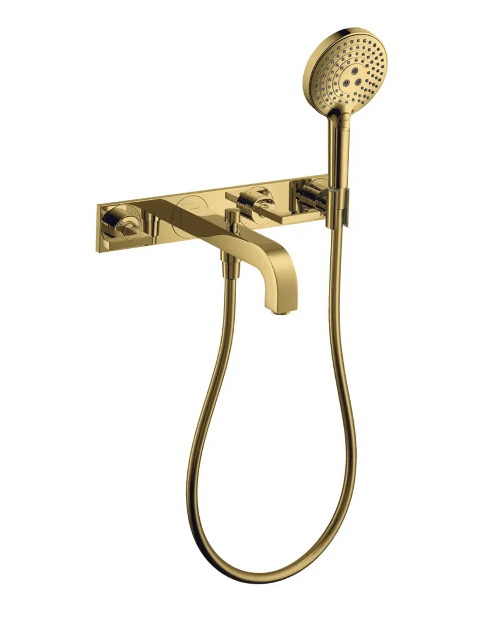 Wannenarmatur von AXOR für Wandmontage in Polished Gold Optic, bestehend aus einem langen Auslauf, Handbrause mit Schlauch und zwei Hebelgriffen zur Temperatur- und Durchflussregelung.